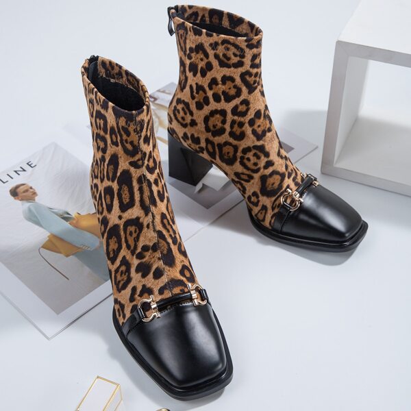 

Square Toe Leopard Chunky Heeled Boots, Multicolor