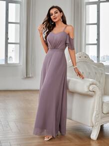 Vestido de dama de honor de hombros descubiertos fruncido de gasa - Púrpura malva - Ver 1