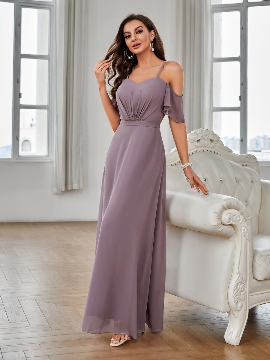 Vestido de dama de honor de hombros descubiertos fruncido de gasa - Púrpura malva - Ver 1