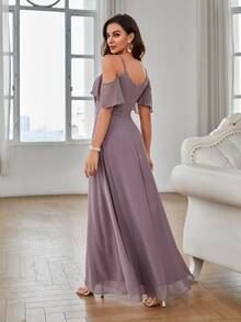 Vestido de dama de honor de hombros descubiertos fruncido de gasa - Púrpura malva - Ver 2