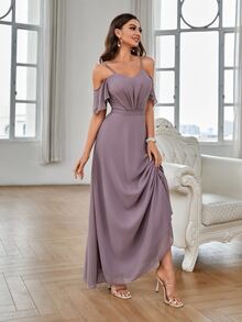 Vestido de dama de honor de hombros descubiertos fruncido de gasa - Púrpura malva - Ver 3