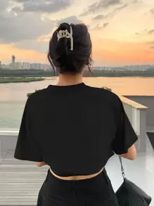 DAZY Áo thun siêu crop tay áo Raglan không có áo crop top - màu đen - Xem 2