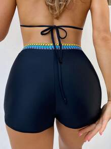 Shorts de bikini con ribete de contraste de verano - Negro - Ver 2