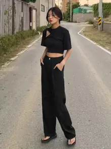 DAZY Áo thun siêu crop tay áo Raglan không có áo crop top - màu đen - Xem 3