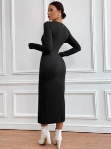 SHEIN Tall Women Dresses Memutar Membungkus Split Thigh Plain Anggun - Hitam - View 2