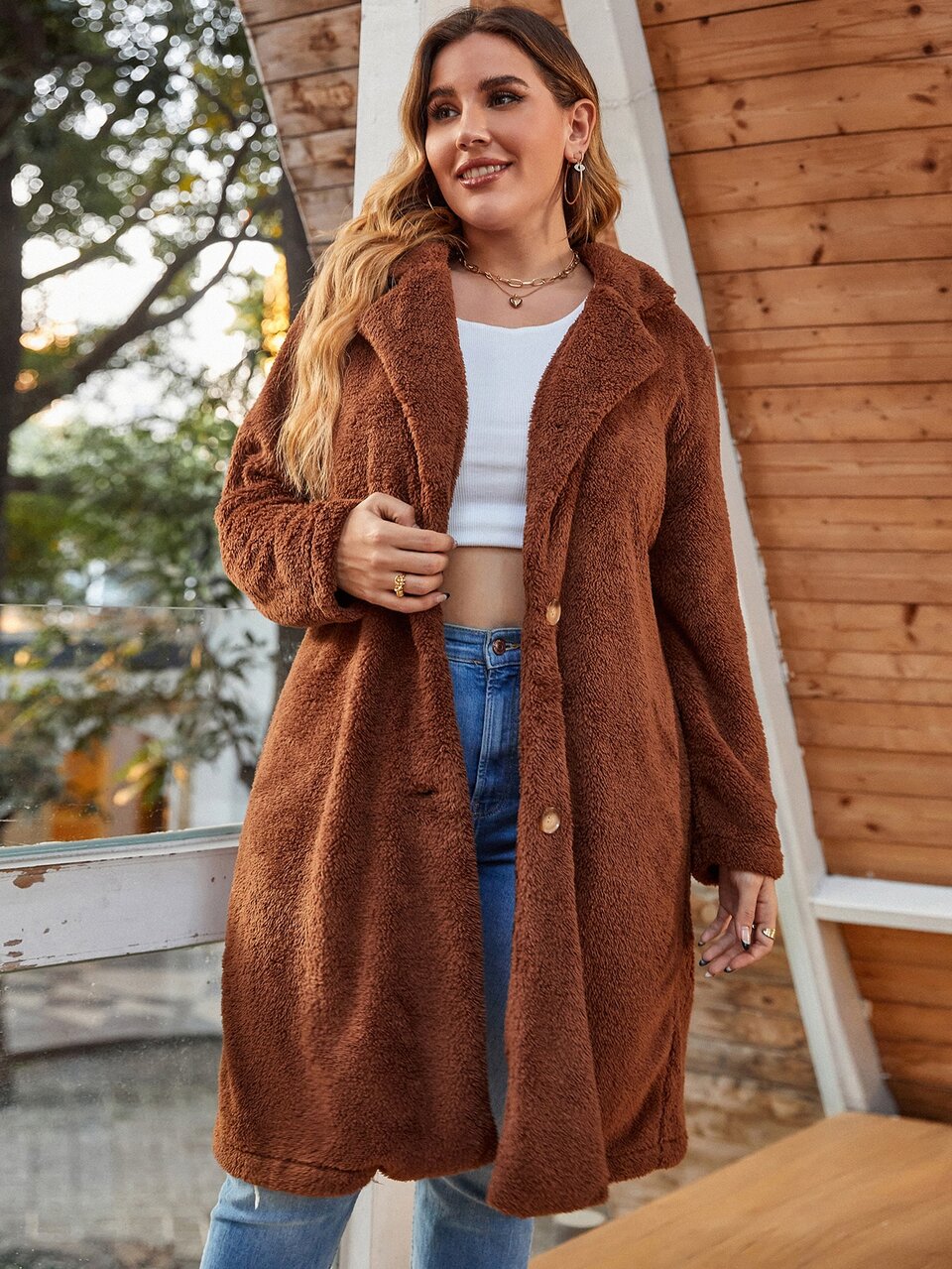 Plus Lapel Neck Flannel Coat