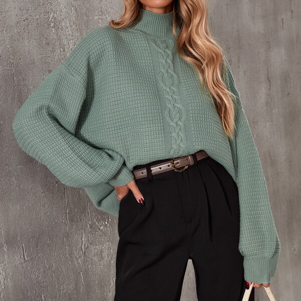 

High Neck Drop Shoulder Sweater, Mint green