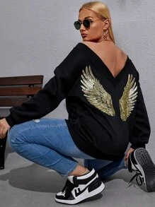 Flirla Plus Contrast Sequin Wings Drop Shoulder Sweatshirt - Black - View 4