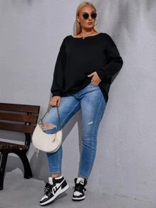 Flirla Plus Contrast Sequin Wings Drop Shoulder Sweatshirt - Black - View 3