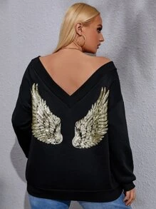 Flirla Plus Contrast Sequin Wings Drop Shoulder Sweatshirt - Black - View 1