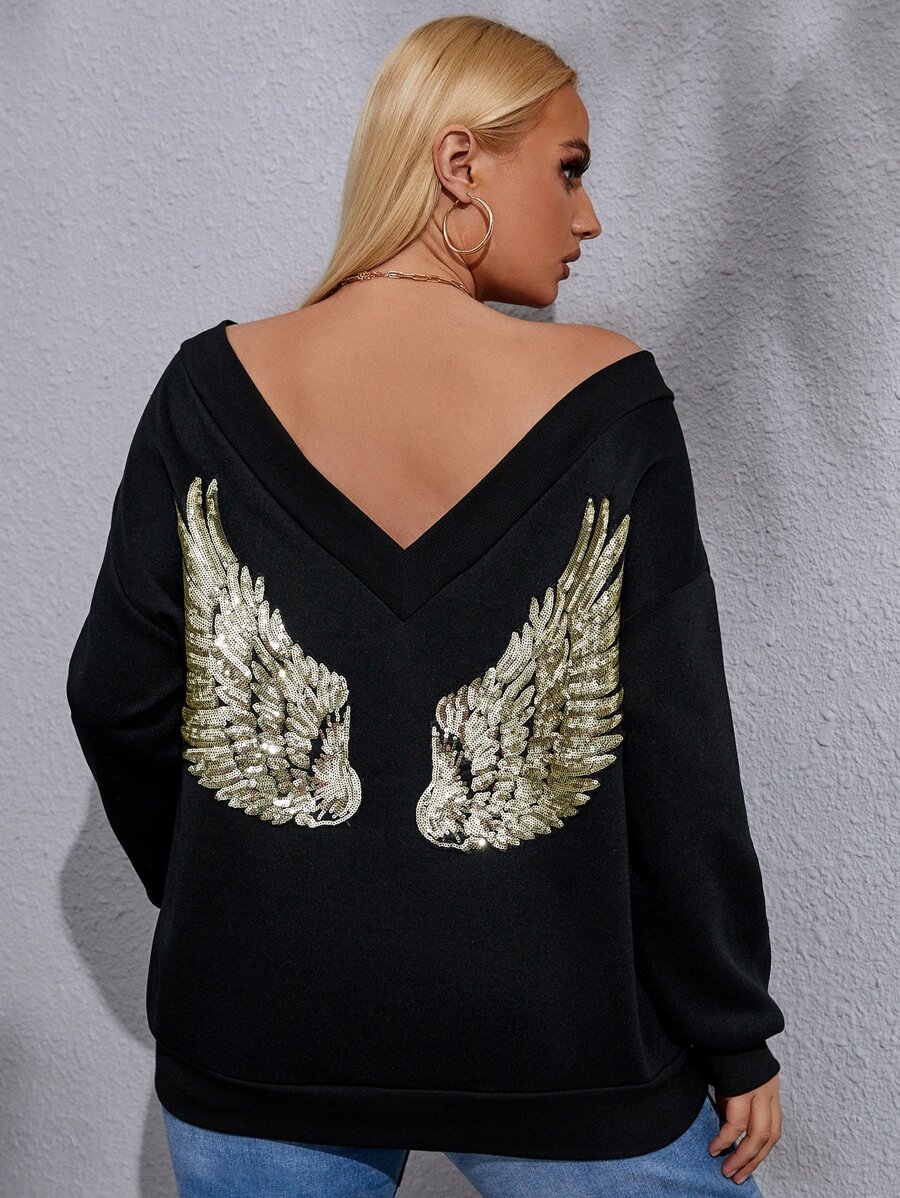 Flirla Plus Contrast Sequin Wings Drop Shoulder Sweatshirt - Black - View 1