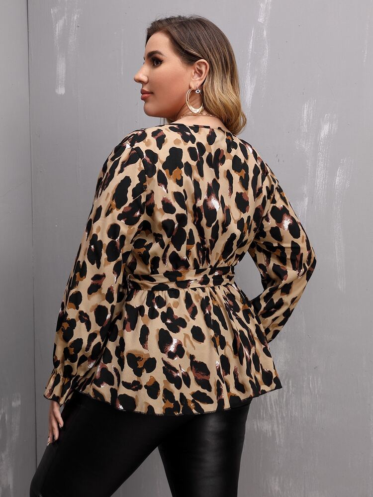 SHEIN Clasi 加上全印花裹腰荷叶边袖衬衫荷叶边上衣 - 彩色 - 查看 2