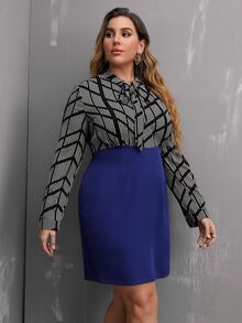 大碼波卡圓點後背開衩前繫帶洋裝 - 彩色 - 查看 4