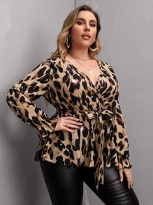 SHEIN Clasi 加上全印花裹腰荷叶边袖衬衫荷叶边上衣 - 彩色 - 查看 4