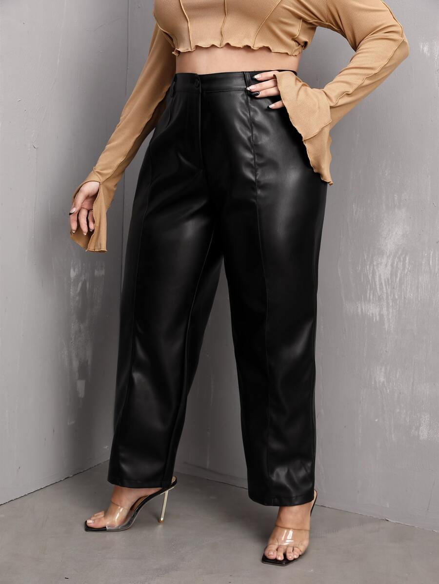 SHEIN Privé Plus High Waist PU Leather Trousers - Black - View 1