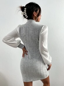 SHEIN Privé Vestido de manga obispo de canalé de cuello alzado - Gris - Ver 2