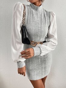 SHEIN Privé Vestido de manga obispo de canalé de cuello alzado - Gris - Ver 3