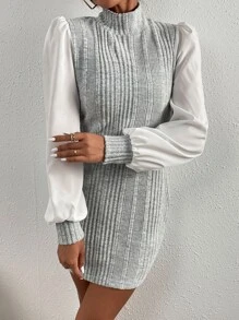 SHEIN Privé Vestido de manga obispo de canalé de cuello alzado - Gris - Ver 4