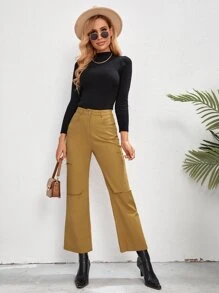 Pantalones de pierna ancha de talle alto roto crudo - Mostaza Amarilla - Ver 1