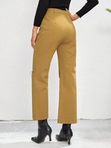Pantalones de pierna ancha de talle alto roto crudo - Mostaza Amarilla - Ver 2