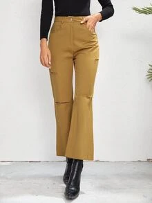 Pantalones de pierna ancha de talle alto roto crudo - Mostaza Amarilla - Ver 3