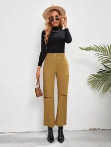 Pantalones de pierna ancha de talle alto roto crudo - Mostaza Amarilla - Ver 4