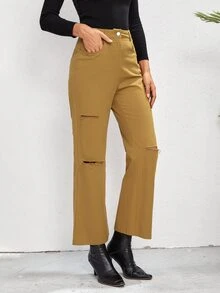 Pantalones de pierna ancha de talle alto roto crudo - Mostaza Amarilla - Ver 5