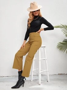 Pantalones de pierna ancha de talle alto roto crudo - Mostaza Amarilla - Ver 6