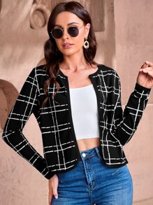 SHEIN Clasi Plaid Print Open Front Jacket - Black - View 1