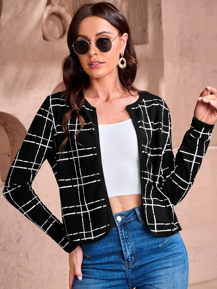 SHEIN Clasi Plaid Print Open Front Jacket - Black - View 1