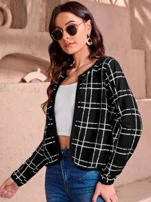 SHEIN Clasi Plaid Print Open Front Jacket - Black - View 3