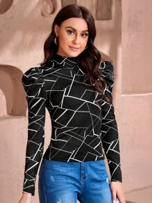 SHEIN Clasi 幾何印花小高領羊腿袖T恤 - 黑色 - 查看 3