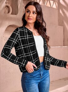 SHEIN Clasi Plaid Print Open Front Jacket - Black - View 4