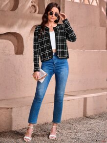 SHEIN Clasi Plaid Print Open Front Jacket - Black - View 5
