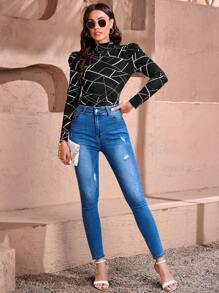 SHEIN Clasi 幾何印花小高領羊腿袖T恤 - 黑色 - 查看 5