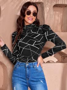 SHEIN Clasi 幾何印花小高領羊腿袖T恤 - 黑色 - 查看 1