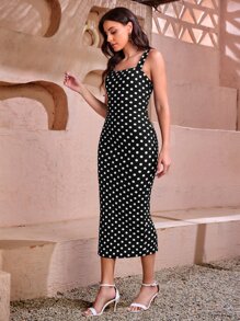 SHEIN Clasi Vestido ajustado con estampado de lunares con abertura trasera - Blanco y Negro - Ver 4