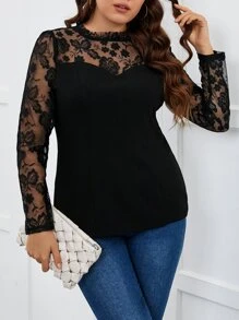 áo nữ kích thước lớn Tương phản ren viền lá sen màu trơn Giải trí - màu đen - Xem 3