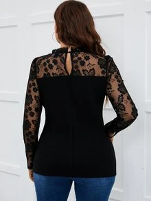 áo nữ kích thước lớn Tương phản ren viền lá sen màu trơn Giải trí - màu đen - Xem 2