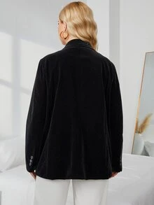 Plus Double Breasted Velvet Blazer - Black - View 2