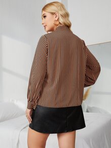 SHEIN LUNE Plus Striped Print Tie Neck Blouse - Brown - View 2