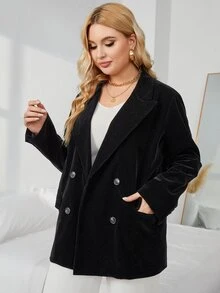 Plus Double Breasted Velvet Blazer - Black - View 3