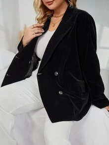 Plus Double Breasted Velvet Blazer - Black - View 4