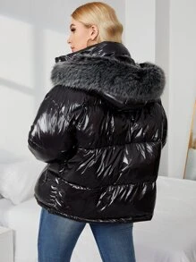 Áo khoác có mũ trùm đầu có khóa kéo cỡ lớn Quần áo mùa đông - màu đen - Xem 2