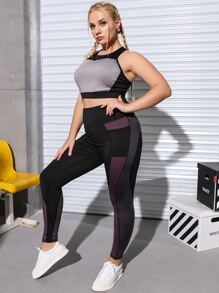 Easithlete Plus High Stretch Colourblock Sports Leggings With Phone Pocket - Multicolor - View 4