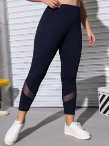 SHEIN Yoga Futuristic Plus Four-way Stretch Mesh Insert Top-stitching Sports Leggings - Navy Blue - View 1