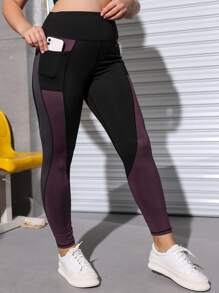 Easithlete Plus High Stretch Colourblock Sports Leggings With Phone Pocket - Multicolor - View 5