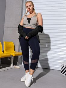 SHEIN Yoga Futuristic Plus Four-way Stretch Mesh Insert Top-stitching Sports Leggings - Navy Blue - View 3