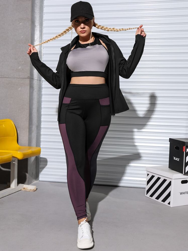 Easithlete Plus High Stretch Colorblock Sports Leggings With Phone Pocket Yoga Women Pants - Multicolor - View 8