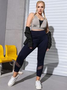 SHEIN Yoga Futuristic Plus Four-way Stretch Mesh Insert Top-stitching Sports Leggings - Navy Blue - View 5